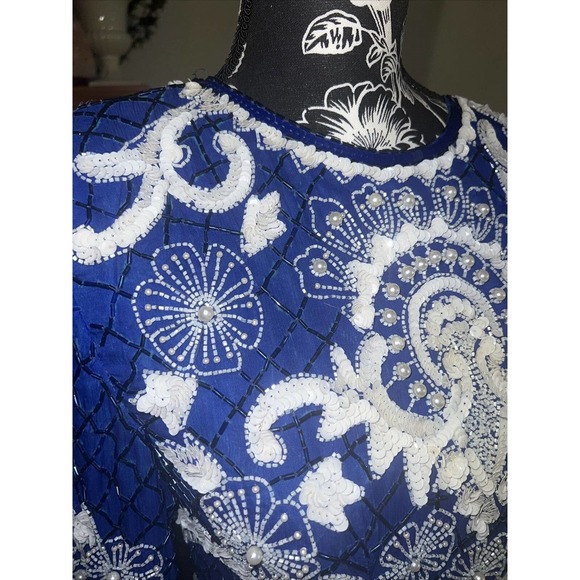 vtg Eves Allure Dress Blue Silk Sequins Beaded 90s Formal small gorgeous - Picture 5 of 10
